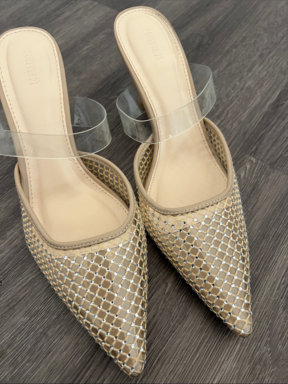 Forever 21 Beige Pointed Mule with Clear Ankle Strap